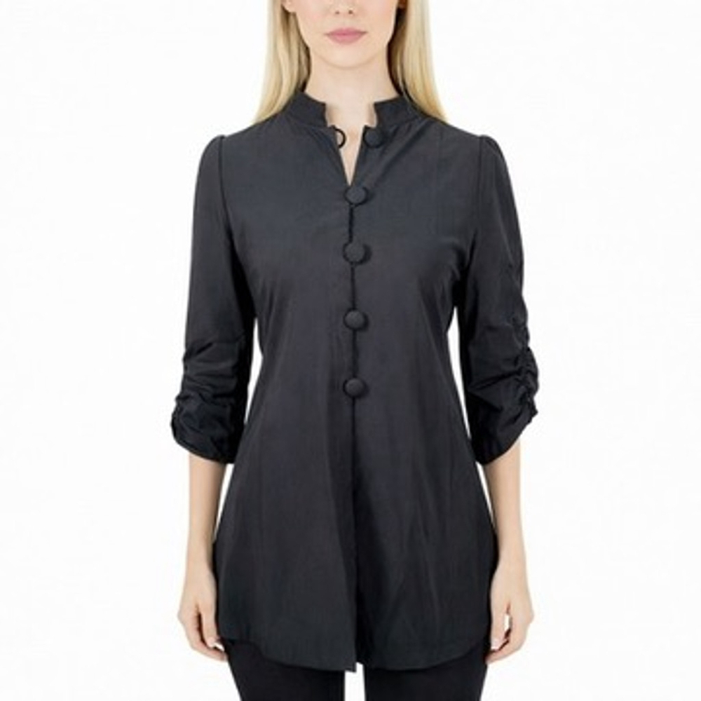 Dianaira Half Button Jacket Artsy Chic Black Ruched 3/4 Slvs A-Line US Size 2